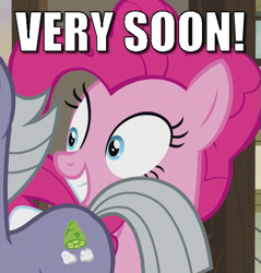 Size: 593x620 | Tagged: safe, derpibooru import, edit, edited screencap, screencap, limestone pie, pinkie pie, earth pony, pony, hearthbreakers, caption, cropped, female, image macro, mare, solo focus, soon, text