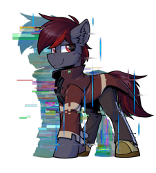 Size: 2160x2391 | Tagged: safe, artist:movieskywalker, derpibooru exclusive, derpibooru import, oc, oc only, oc:skywalk shadow, earth pony, 2021 community collab, clothes, derpibooru community collaboration, earth pony oc, error, glitch, glitch art, looking at you, male, simple background, smiling, solo, transparent background
