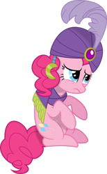 Size: 1919x3125 | Tagged: safe, artist:lightningtumble, derpibooru import, pinkie pie, earth pony, pony, clothes, female, madame pinkie, mare, sad, scarf, simple background, solo, transparent background, turban, vector