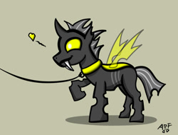 Size: 729x551 | Tagged: safe, artist:atomfliege, derpibooru import, oc, oc only, oc:warplix, changeling, changeling oc, collar, floating heart, heart, leash, male, pet play, simple background, solo, yellow changeling