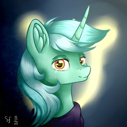 Size: 2000x2000 | Tagged: safe, artist:brilliant-luna, derpibooru import, lyra heartstrings, pony, unicorn, fanfic:background pony, bust, crying, dig the swell hoodie, female, portrait, solo, solo female, teary eyes