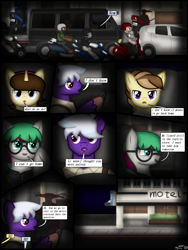 Size: 1750x2333 | Tagged: safe, artist:99999999000, derpibooru import, oc, oc:firearm king, oc:li anna, oc:mar baolin, oc:zhang cathy, earth pony, pegasus, pony, unicorn, car, comic, female, glasses, male, motorcycle, scooter, van