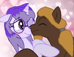 Size: 1015x774 | Tagged: safe, artist:mellow91, derpibooru import, oc, oc:glass sight, oc:mellow rhythm, pegasus, unicorn, beard, blushing, facial hair, glasses, heart, heart background, love, nuzzling, oc x oc, one eye closed, ponytail, scrunchy face, shipping, smiling