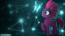 Size: 3840x2160 | Tagged: safe, alternate version, artist:alexbefest, derpibooru import, fizzlepop berrytwist, tempest shadow, pony, unicorn, 4k wallpaper, blue background, blue eyes, broken horn, cute, ear fluff, eye scar, scar, simple background, solo, tempestbetes, wallpaper