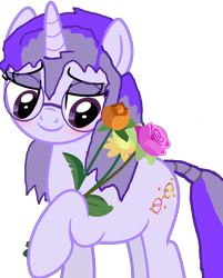 Size: 1134x1409 | Tagged: safe, artist:asifnag, artist:mellow91, derpibooru import, oc, oc only, oc:glass sight, unicorn, blushing, bouquet, flower, glasses, hoof hold, simple background, solo, transparent background