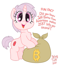 Size: 1000x1100 | Tagged: safe, artist:wispy tuft, derpibooru import, oc, oc only, oc:red pill, pony, unicorn, amazon.com, bits, cute, dialogue, female, filly, jeff bezos, png, red pill, simple background, smiling, solo, standing, text, transparent background