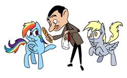 Size: 1312x812 | Tagged: safe, artist:anonymous, derpibooru import, derpy hooves, rainbow dash, human, pegasus, pony, bag, bread, crossover, food, mr bean, simple background, smiling, white background