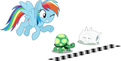 Size: 7826x3955 | Tagged: safe, artist:anime-equestria, derpibooru import, angel bunny, rainbow dash, tank, pegasus, pony, rabbit, tortoise, animal, checkered flag, flying, happy, one eye closed, pillow, simple background, sleeping, smiling, the tortoise and the hare, transparent background, vector, wings, wink