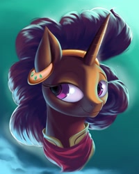 Size: 1280x1600 | Tagged: safe, artist:rocket-lawnchair, derpibooru import, saffron masala, pony, unicorn, bandana, ear piercing, earring, female, jewelry, mare, piercing, smiling