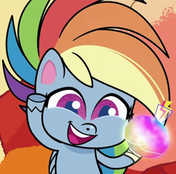 Size: 724x718 | Tagged: safe, derpibooru import, screencap, rainbow dash, pegasus, pony, flutterdash (episode), my little pony: pony life, spoiler:pony life s01e42, bandage, bottle, cropped, happy, holding, potion, raised hoof, smiling, solo