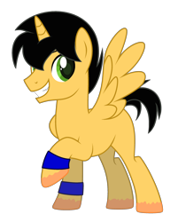 Size: 2200x2736 | Tagged: safe, artist:f1master45, derpibooru import, oc, oc only, oc:swift bow, alicorn, 2021 community collab, alicorn oc, black hair, blue, derpibooru community collaboration, green eyes, horn, simple background, smiley face, solo, transparent background, wings, wristband