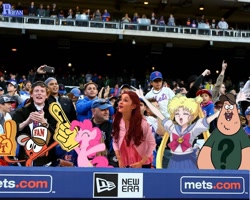 Size: 1024x820 | Tagged: safe, artist:ryanswan5, derpibooru import, edit, pinkie pie, human, anime, ariana grande, barely pony related, baseball, baseball cap, cap, cat valentine, cheering, citi field, foam finger, gravity falls, hat, irl, irl human, major league baseball, new york mets, photo, sailor moon, serena tsukino, soos, sports, wander (wander over yonder), wander over yonder