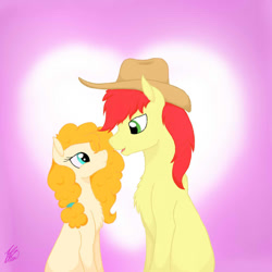 Size: 1000x1000 | Tagged: safe, artist:crystalcontemplator, derpibooru import, bright mac, pear butter, earth pony, pony, brightbutter, female, hat, male, mare, shipping, signature, stallion, straight