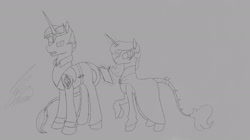 Size: 2080x1168 | Tagged: safe, artist:crystalcontemplator, derpibooru import, oc, pony, unicorn, clipboard, duo, glowing horn, horn, lineart, magic, monochrome, telekinesis, unicorn oc