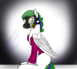 Size: 1000x900 | Tagged: safe, artist:crystalcontemplator, derpibooru import, oc, oc only, pegasus, pony, clothes, gas mask, mask, pegasus oc, signature, sitting, solo, wings