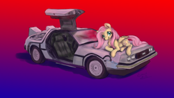 Size: 1920x1080 | Tagged: safe, artist:elisdoominika, derpibooru import, fluttershy, pegasus, pony, back to the future, car, cute, delorean, lying down, smiling, smiling at you, solo