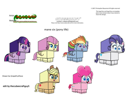 Size: 2979x2354 | Tagged: safe, artist:grapefruitface1, derpibooru import, edit, part of a set, applejack, fluttershy, pinkie pie, rainbow dash, rarity, twilight sparkle, alicorn, earth pony, pegasus, pony, unicorn, cubeecraft, mane six