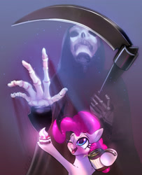 Size: 3426x4227 | Tagged: safe, artist:xbi, derpibooru import, pinkie pie, earth pony, pony, bone, cake, cider, female, food, grim reaper, happy, mare, one eye closed, scythe, skeleton, smiling, solo, wink