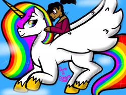 Size: 2048x1536 | Tagged: safe, artist:artmama113, derpibooru import, oc, oc only, alicorn, human, pony, alicorn oc, clothes, dark skin, duo, female, horn, mare, multicolored hair, rainbow hair, riding, smiling, unshorn fetlocks, wings