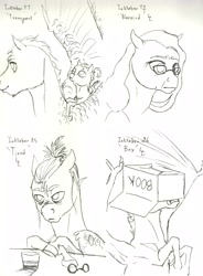Size: 4890x6648 | Tagged: safe, artist:lady-limule, derpibooru import, oc, oc only, oc:drizzle, oc:elusive, pony, cardboard box, cup, glasses, grayscale, inktober 2016, lineart, monochrome, traditional art