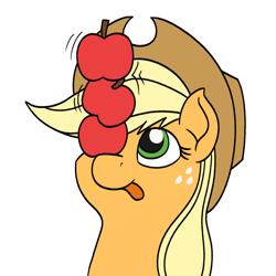 Size: 750x750 | Tagged: safe, artist:mkogwheel, applejack, earth pony, pony, :p, apple, applejack's hat, balancing, bust, clothes, cowboy hat, cute, female, food, freckles, hat, jackabetes, lowres, mare, one eye covered, ponies balancing stuff on their nose, silly, silly pony, simple background, solo, that pony sure does love apples, tongue out, white background