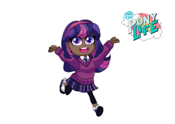 Size: 2039x1447 | Tagged: safe, artist:theladysknight, derpibooru import, twilight sparkle, human, my little pony: pony life, alternate hairstyle, clothes, converse, dark skin, female, hairband, humanized, leggings, necktie, open mouth, shirt, shoes, simple background, skirt, socks, solo, sweater, transparent background