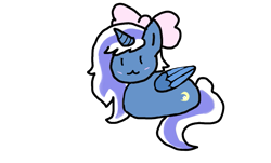 Size: 1009x610 | Tagged: safe, artist:moccacino-latte, derpibooru import, oc, oc only, oc:fleurbelle, alicorn, pony, :3, alicorn oc, blushing, bow, female, hair bow, horn, mare, ponyloaf, simple background, solo, transparent background, wings