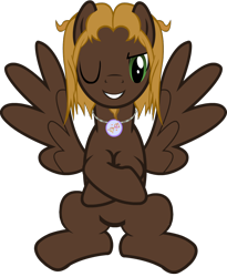 Size: 856x1044 | Tagged: safe, artist:raindashesp, derpibooru import, oc, oc only, oc:mellow rhythm, pegasus, pony, 2021 community collab, beard, crossed hooves, derpibooru community collaboration, facial hair, jewelry, looking at you, male, necklace, one eye closed, simple background, solo, spread wings, transparent background, wings, wink, winking at you