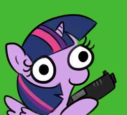 Size: 725x661 | Tagged: safe, artist:tjpones, derpibooru import, edit, twilight sparkle, twilight sparkle (alicorn), alicorn, pony, delet this, green background, gun, simple background, solo, sparkles! the wonder horse!, this will end in death, weapon