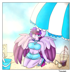 Size: 4000x4000 | Tagged: safe, artist:jamlotte1, derpibooru import, oc, oc:cosmic star, alicorn, anthro, human, plantigrade anthro, beach, belly button, bendy straw, bucket, clothes, drink, drinking straw, heel pop, humanized, midriff, pail, sandals, sandcastle, shovel, summer, sunglasses, swimsuit, umbrella