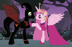 Size: 3776x2512 | Tagged: safe, artist:nathaniel hansen, derpibooru import, pony, adventure time, business suit, canterlot, cartoon network, clothes, crossover, dress, female, holding hooves, husband and wife, male, mare, nergal, nergal and princess bubblegum, night, ponified, pony maker, princess bubblegum, stallion, the grim adventures of billy and mandy