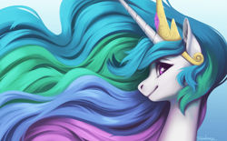 Size: 4961x3068 | Tagged: safe, artist:taytinabelle, derpibooru import, princess celestia, alicorn, pony, bust, crown, ear fluff, female, gradient background, hair, i really like her mane, jewelry, looking at you, mare, portrait, profile, regalia, side view, simple background, smiling, solo, wavy mane