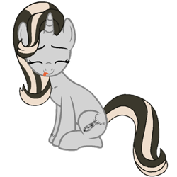 Size: 1100x1100 | Tagged: safe, artist:antonsfms, derpibooru import, oc, oc only, oc:dejavecu, pony, unicorn, 2021 community collab, cute, cutie mark, derpibooru, derpibooru community collaboration, eyes closed, female, meta, ms paint, ponified, posing for photo, simple background, sitting, solo, solo female, tattoo, tongue out, transparent background