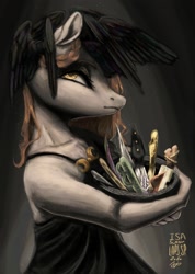 Size: 1407x1978 | Tagged: safe, artist:laps-sp, derpibooru import, raven, oc, oc:absinthe hyacinthum, anthro, earth pony, clothes, dress, knife, looking up, solo