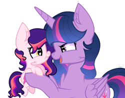 Size: 1138x891 | Tagged: safe, artist:crazyaya, artist:firegalaxysparkle, derpibooru import, twilight sparkle, twilight sparkle (alicorn), oc, oc:neutron star, alicorn, pony, baby, baby pony, base used, duo, female, holding a pony, looking at each other, magical lesbian spawn, mother and child, mother and daughter, offspring, parent and child, parent:princess celestia, parent:twilight sparkle, parents:twilestia, simple background, transparent background