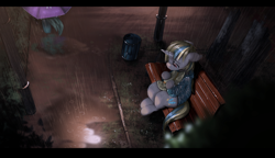 Size: 4000x2300 | Tagged: safe, artist:theprince, derpibooru import, oc, oc only, pony, unicorn, bench, lonely, park, rain, reflection, sad, umbrella