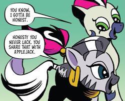 Size: 673x546 | Tagged: safe, artist:andypriceart, derpibooru import, idw, marini, zecora, zebra, spoiler:comic, spoiler:comic91, cropped, female, honesty, season 10