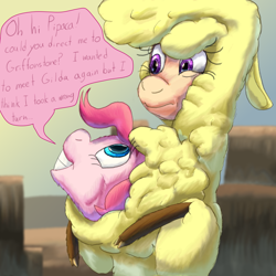 Size: 1584x1584 | Tagged: safe, artist:firefanatic, derpibooru import, paprika paca, pinkie pie, earth pony, pony, them's fightin' herds, chest fluff, community related, confused, cute, dialogue, fluffy, hammerspace hair, pinkie being pinkie, smiling