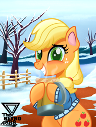 Size: 1800x2368 | Tagged: safe, artist:theretroart88, derpibooru import, applejack, earth pony, pony, my little pony: pony life, blushing, cider, clothes, freckles, g4.5 to g4, looking at you, winter outfit