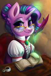 Size: 6000x9000 | Tagged: safe, artist:faline-art, derpibooru import, starlight glimmer, pony, unicorn, absurd file size, absurd resolution, alternate hairstyle, book, clothes, desk, female, glasses, glowing horn, hair bun, headmare starlight, horn, looking at you, mare, quill, quill pen, smiling, solo