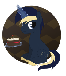 Size: 2207x2566 | Tagged: safe, artist:dyonys, derpibooru import, oc, birthday cake, cake, food, magic, male, simple background, sitting, stallion, transparent background