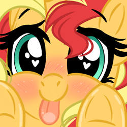 Size: 2000x2000 | Tagged: safe, artist:emberslament, derpibooru import, sunset shimmer, pony, unicorn, :p, blushing, cute, heart eyes, licking, licking screen, looking at you, shimmerbetes, tongue out, underhoof, weapons-grade cute, window licking, wingding eyes