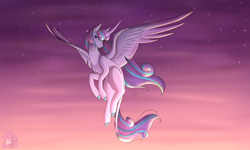 Size: 5000x3000 | Tagged: safe, artist:littlepudel, derpibooru import, princess flurry heart, alicorn, pony, curved horn, female, flying, horn, leonine tail, mare, older, older flurry heart, simple background, sky, solo, spread wings, stars, wings