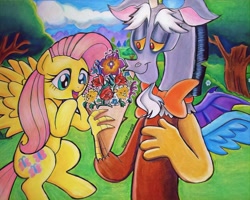 Size: 1144x916 | Tagged: safe, artist:tiger-of-my-eye, derpibooru import, discord, fluttershy, draconequus, pegasus, pony, amazed, bouquet, bowtie, discoshy, duo, female, flower, holding, looking at something, male, mare, open mouth, outdoors, shipping, singing, smiling, spread wings, straight, traditional art, tree, wings