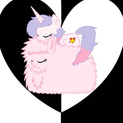 Size: 1080x1080 | Tagged: safe, artist:rxndxm.artist, derpibooru import, oc, oc only, oc:fluffle puff, earth pony, pony, unicorn, duo, eyes closed, lying down, ponies riding ponies, prone, riding, sleeping