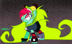 Size: 1450x900 | Tagged: safe, artist:crystalcontemplator, derpibooru import, earth pony, pony, :p, clothes, costume, demencia, heterochromia, ponified, signature, tongue out, villainous