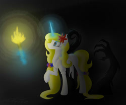 Size: 1200x1000 | Tagged: safe, artist:crystalcontemplator, derpibooru import, oc, oc only, pony, unicorn, female, flower, flower in hair, glowing horn, horn, magic, mare, raised hoof, shadow, solo, telekinesis, torch