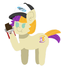 Size: 5000x6000 | Tagged: safe, alternate version, artist:switcharoo, derpibooru import, oc, oc only, oc:switcharoo, earth pony, pony, 2021 community collab, baseball cap, cap, chocolate, dalokohs bar, derpibooru community collaboration, earth pony oc, female, food, hat, logo, mare, nintendo switch, pingu, simple background, solo, team fortress 2, transparent background