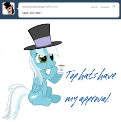 Size: 970x976 | Tagged: safe, artist:ask-fleetfoot, derpibooru import, fleetfoot, pony, alternate hairstyle, ask-fleetfoot, cup, hat, monocle, solo, teacup, top hat