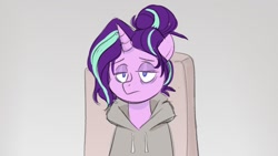 Size: 1280x720 | Tagged: safe, artist:smol_andriusha, derpibooru import, starlight glimmer, pony, unicorn, alternate hairstyle, bags under eyes, bust, clothes, female, frown, gray background, hoodie, mare, simple background, sleepy, tired